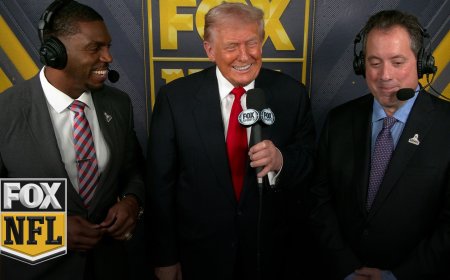 President Donald Trump joins Kenny Albert and Jonathan Vilma in the broadcast booth in Washington